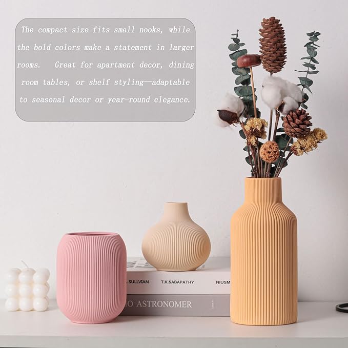 Ceramic Vase Set of 3, Vases Home Decor Modern Minimalist Decor Pottery Boho Vases for Pampas Grass Dried Fresh Flowers, Bookshelf, Shelf, Bedroom, Entryway Mantel Decor(Pink+Light Yellow+Orange)