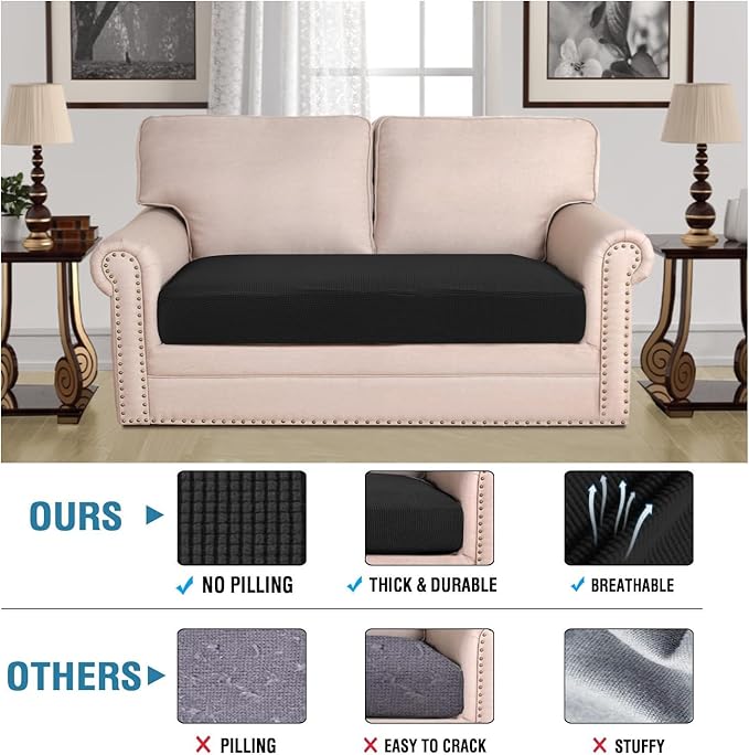 H.VERSAILTEX Super Stretch Individual Seat Cushion Covers Sofa Covers Couch Cushion Covers Slipcover Sets Thick Jacquard Textured Twill Fabric (1 Piece Loveseat Cushion Cover, Black)