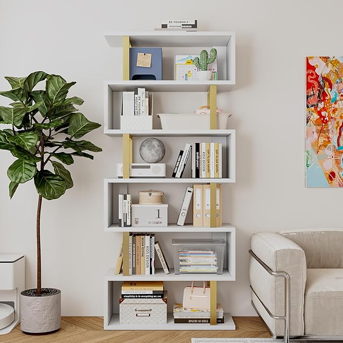 Bookshelf geometric bookcase S Shaped industrial bookshelf Storage Display Stand Shelf for Living Room Bedroom and office Room (White, 6 Tier)