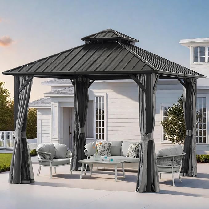 Endark 12x12FT Outdoor Hardtop Double Roof Gazebo with Galvanized Steel Roof, Heavy Duty Metal Frame Canopy with Mosquito Netting and Privacy Curtains (12 * 12FT)