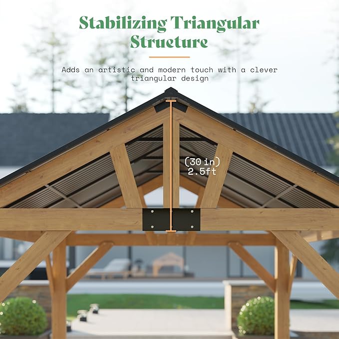 AMERLIFE 13x15 ft Spruce Wood Gazebo, Outdoor Gazebo with Bar Storage, Hardtop Wooden Paviloin with Metal Steel Gable Roof, Patio, Garage, Black + Natural Wood