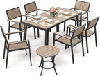 Pamapic 8-Piece Patio Dining Set，Outdoor Aluminum Furniture Set with Plastic-Wood Table Top,Outdoor Furniture Set with 6 Outdoor Stackable Chairs for Patio Garden Poolside (Black)