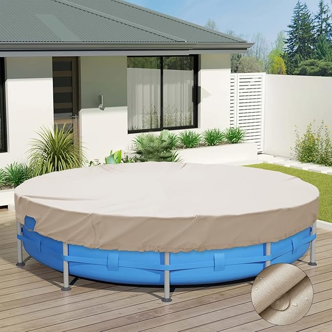 ECOOPTS 8 ft Waterproof Round Polyester Pool Cover for Above Ground Pools, Swimming Pool Cover Protector Winter Safety Cover (Beige)