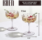 Khen Flower Vintage Wavy Glass Coupes Martini, Champagne & Cocktail Coupes - Set of 2-7oz Colorful Cocktail Glasses & Champagne, Prosecco, Mimosa Glassware Copyright Design - Gray