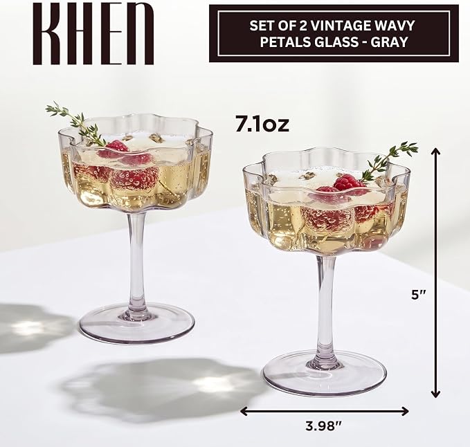 Khen Flower Vintage Wavy Glass Coupes Martini, Champagne & Cocktail Coupes - Set of 2-7oz Colorful Cocktail Glasses & Champagne, Prosecco, Mimosa Glassware Copyright Design - Gray