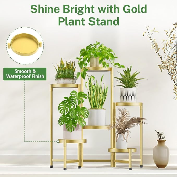 iDavosic.ly Plant Stand Indoor Outdoor, 6 Tier Corner Metal Flower Display Holder Shelf, Folding Tall Orchid Rack for Patio Balcony Porch Garden Living Room House, Gold