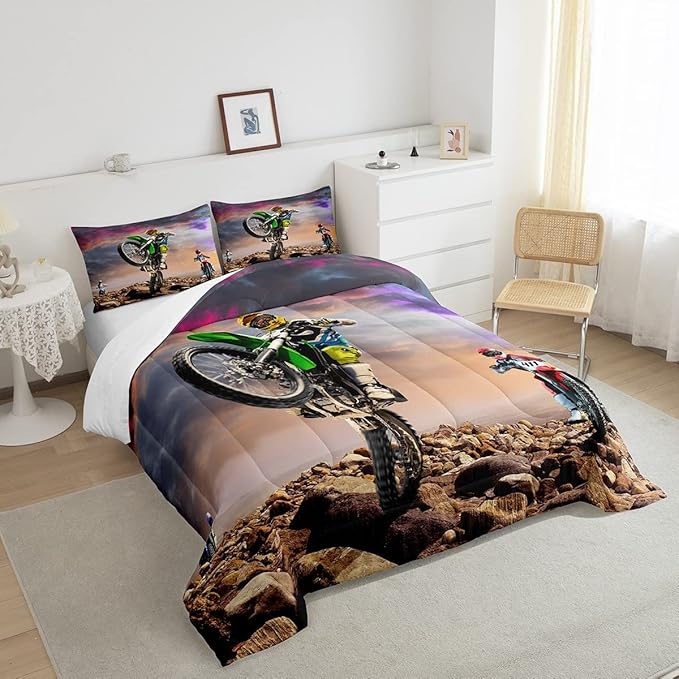 Dirt Bike Comforter Set for Boys Bedroom Motocross Rider Extreme Sports Duvet Insert Mountain Bike Bedding Quilted Set Kids Motorcycle Motorbike Down Comforter,Soft Lightweight for All Season,Queen