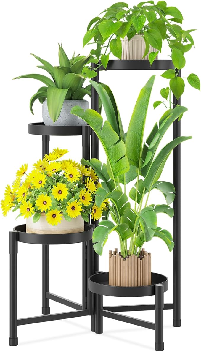 iDavosic.ly Plant Stand Indoor Outdoor, 4 Tier Corner Metal Flower Display Holder Shelf, Folding Tall Orchid Rack for Patio Balcony Porch Garden Living Room House, Black