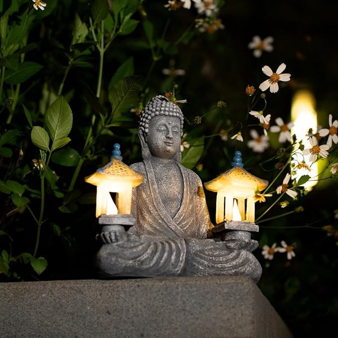 Meditating Buddha Statue with Solar Lights, Zen Garden Decor for Home, Patio, Yard, Outdoor – Unique Gift for Women and Friends(Two Pavilions)
