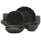 Gibson Elite Malibu Shore 16 Piece Scallop Stoneware Reactive Glaze (Service for 4) Ceramic Plates and Bowls Dinnerware Set - Black