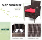 Greesum 3 Pieces Patio Furniture Sets Outdoor PE Rattan Wicker Chairs with Soft Cushion and Glass Coffee Table for Garden Backyard Porch Poolside, Brown and Red