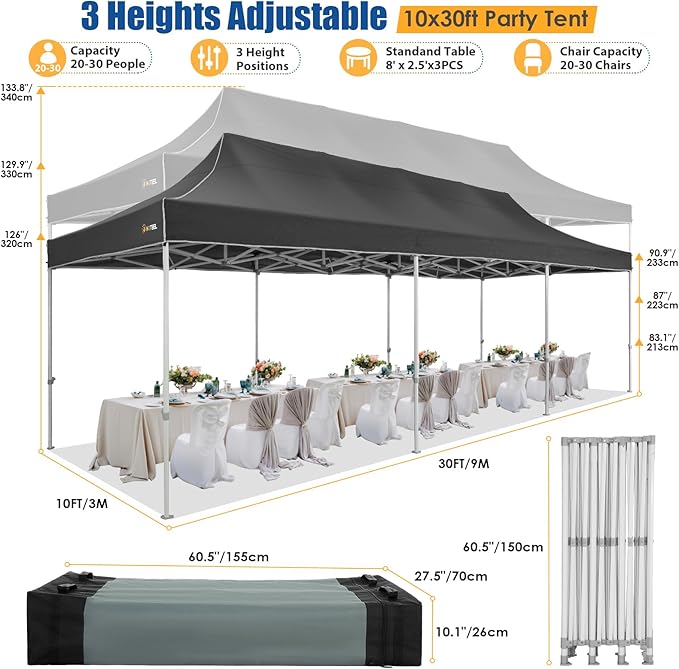 HOTEEL 10x30 Pop up Canopy Tent for Parties, Heavy Duty Easy Setup Tent with 8 Sidewalls, Outdoor Commercial Instant Gazebo for Wedding Event, with Portable Bag & Sand Bags, Black(Hexagonal Frame)
