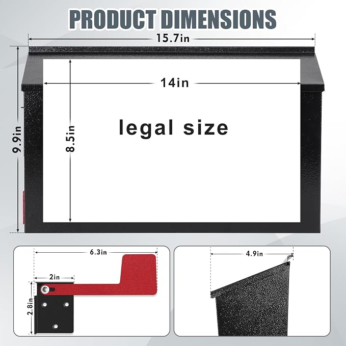 KYODOLED Wall Mount Mailboxes for Outside with Flag and Number Stickers, Galvanized Steel Rust-Proof Metal Post Box, Large Capacity Mail Box for House,15.7"x9.9"x4.9" Black