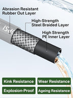 3/8" 4800PSI Pressure Washer Hose 200FT with Swivel Quick Connect for Cold/Hot Water Max 248°F, Kink Resistant Steel Wire Braided, Wear Resistant Power Washer Hose with M22 14mm Adapter