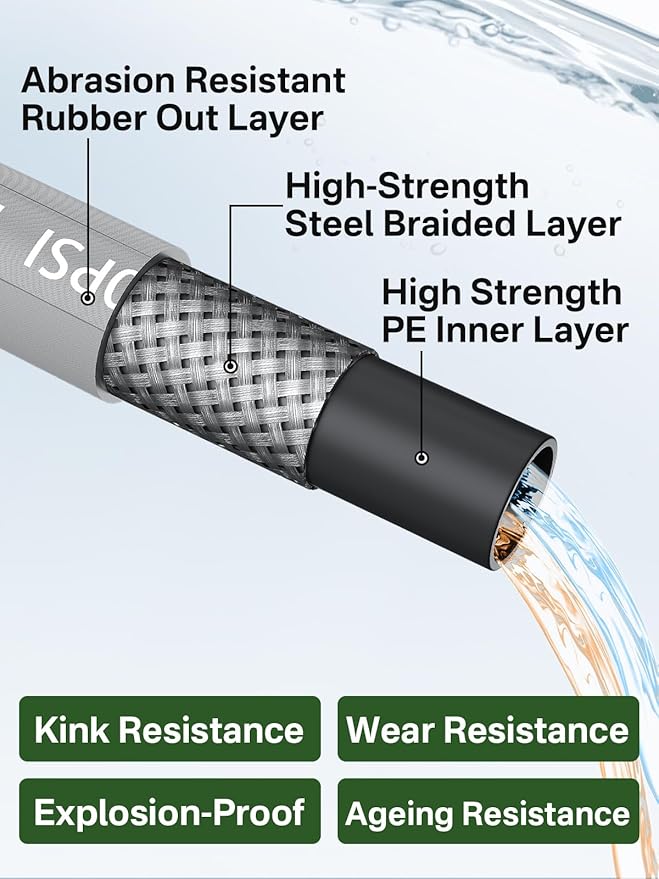 3/8" 4800PSI Pressure Washer Hose 200FT with Swivel Quick Connect for Cold/Hot Water Max 248°F, Kink Resistant Steel Wire Braided, Wear Resistant Power Washer Hose with M22 14mm Adapter