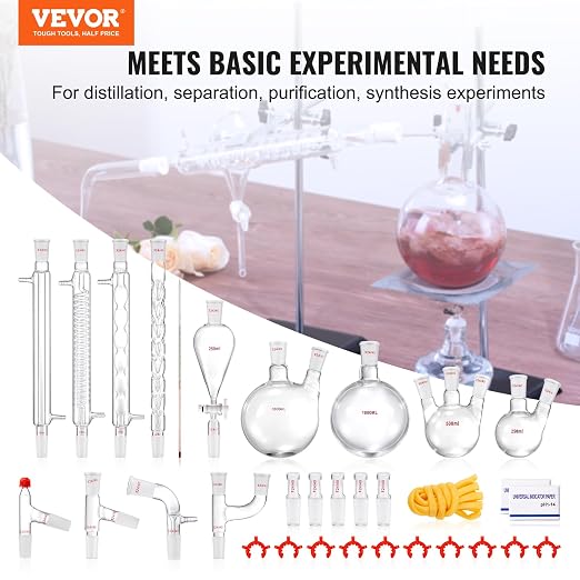 VEVOR Lab Distillation Kit, 3.3 Boro Lab Glassware Distillation Kit with 24, 40 Joint, 1000ml Essential Oil Distillation Apparatus Kit, 32 pcs Set of Glassware Equipment