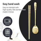 [2 Sets] [Made in Korea] Crane Painting Design Korean Table Sticky Rice Spoon and Chopsticks 304 Stainless Steel Gold Titanium Plated Mukbang Cutlery
