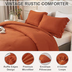 Andency Terracotta Ruffle Comforter Queen(90x90Inch), 3 Pieces(1 Ruffled Comforter and 2 Pillowcases) Solid Farmhouse Shabby Chic Comforter, Vintage Rustic Soft Microfiber Bedding Set