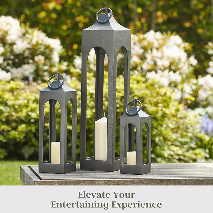 Medium Black Lantern, Rustic Metal Decorative Lantern, Candle Holder for Indoor & Outdoor, Home Decor for Patio, Garden & Tabletop, Hanging Lantern for Parties & Weddings
