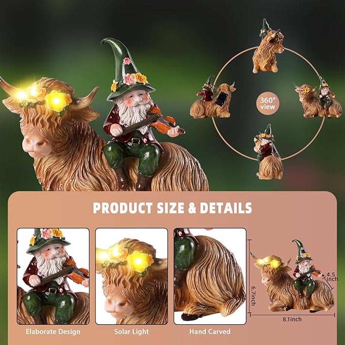 Solar Highland Cow Figurines for Garden with Gnome Playing the Violin 6.7"Resin Garden Gnomes Outdoor Patio Yard Lawn Porch Decor Birthday Housewarming Gifts for Women Mom Grandma Wife Sister Friend
