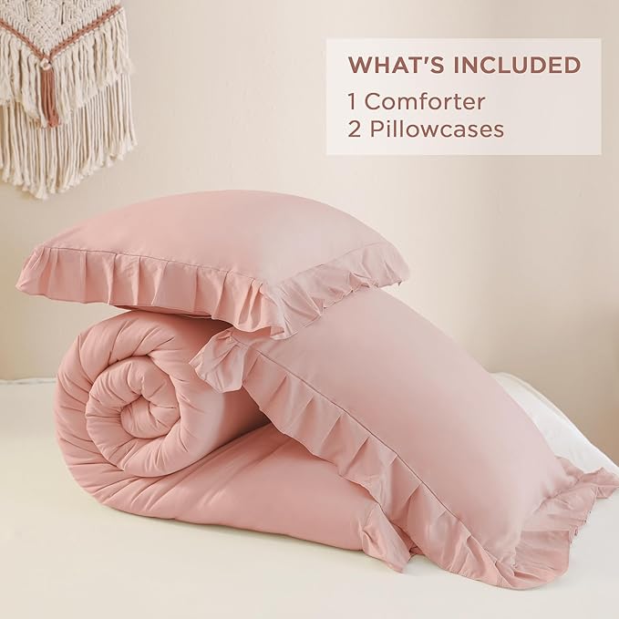 Andency Blush Pink Ruffle Comforter King, 3 Pieces All Season Farmhouse Shabby Chic Comforter, Vintage Rustic Soft Microfiber Down Alternative Bedding Comforter Set