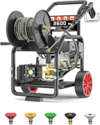 3600 PSI Gas Pressure Washer, One-Button Start 212cc 7HP Engine 3.3GPM, Includes Hose Reel，50 FT 3/8 inch Hose，5 Quick Connect Nozzles，Spray Gun and Wand