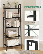 Ladder Shelf, Bookshelf Bookcase, Freestanding Corner Storage Shelve with 2 Hooks for Home Office, Living Room, Kitchen, Bedroom, Industrial, 5-Tier Black BC19304B