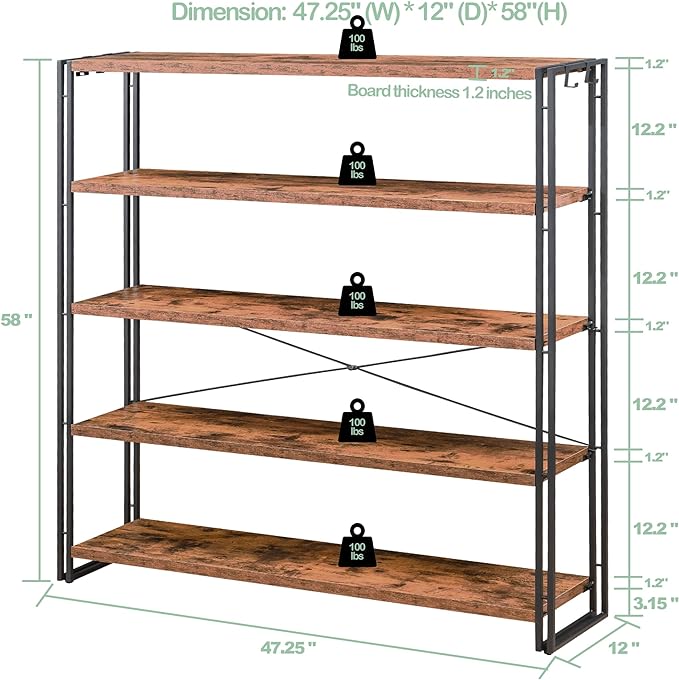 HCHQHS Bookshelf, 5-Tier Industrial Bookcase, Rustic Open Book Shelf, Freestanding Tall Bookshelves with Metal Frame