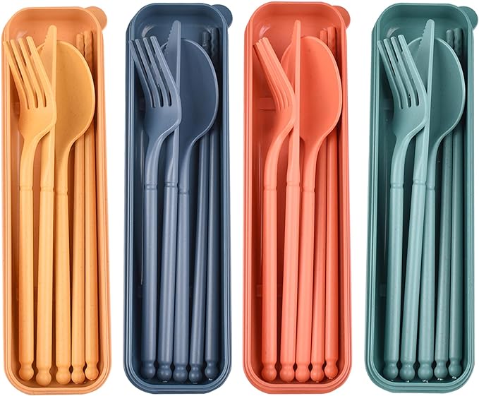 Camping Utensil Set, Reusable Utensils Set with Case, Plastic Cutlery Set Forks Spoon Tableware Chopsticks, Portable Cutlery Set for Travel Picnic Camping or Daily Use (Dark Color-4)