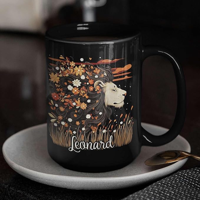 Personalized Lion Lover Cup with Vibrant Floral, Custom Name Coffee Mug 11oz or 15oz, Custom Nature Inspired Ceramic Cup, Artistic Lion Black Coffee Mug, Gifts for Women, Men
