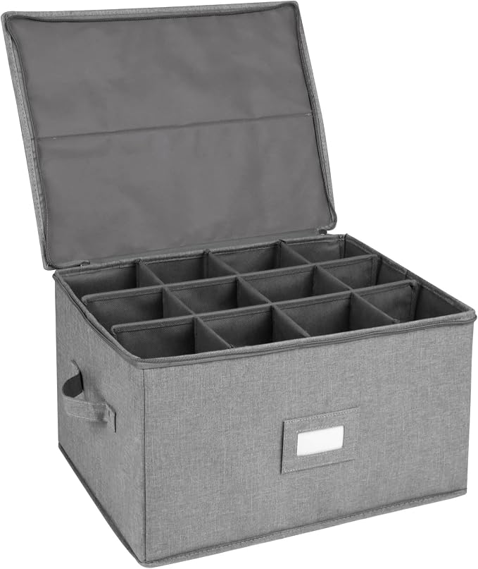 Stemware Storage Cases, Wine Glass Storage Box Containers with Dividers | Stackable China Storage Containers for 12 Wine Glasses, Drinkware, Glassware or Crystal (Light Grey)