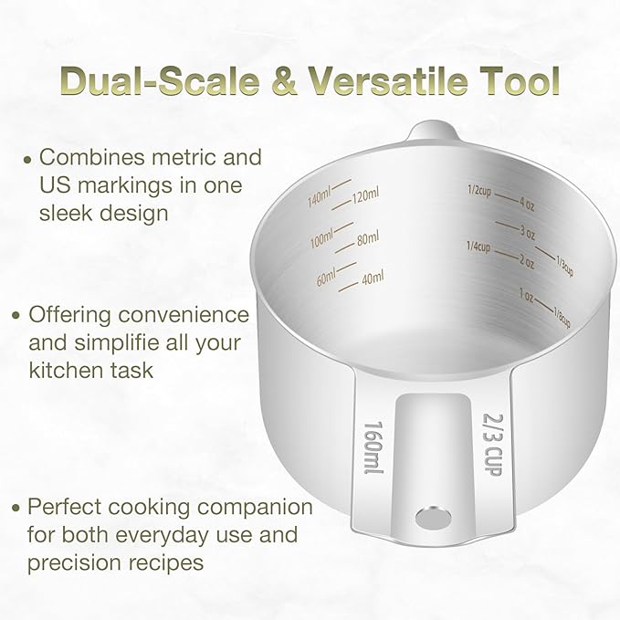 2PCS 2/3Cup (160ml, 5.3oz) Single Measuring Cup, Etched Inner Scale Stainless Steel Measure Scoop, Metric and US Measurement, Dishwasher Safe