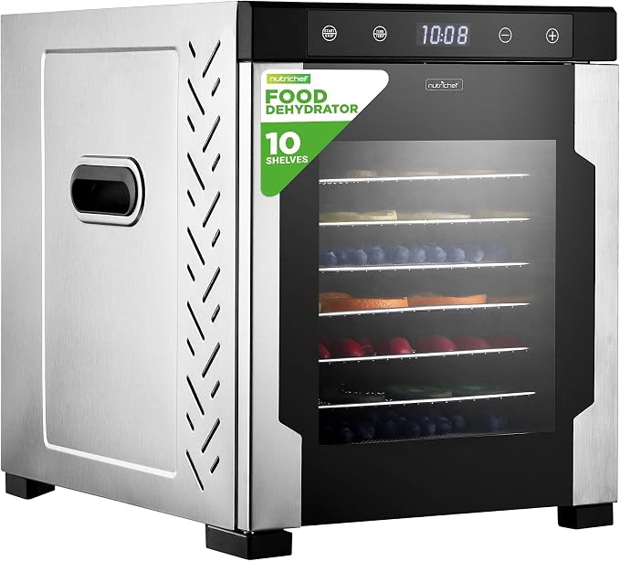 NutriChef Electric Countertop Food Dehydrator -900-Watt Premium Multi-Tier Meat Beef Jerky Maker Fruit/Vegetable Dryer w/10 Shelf Stainless Steel Trays,Digital Timer,Temperature Control-NCFD10S