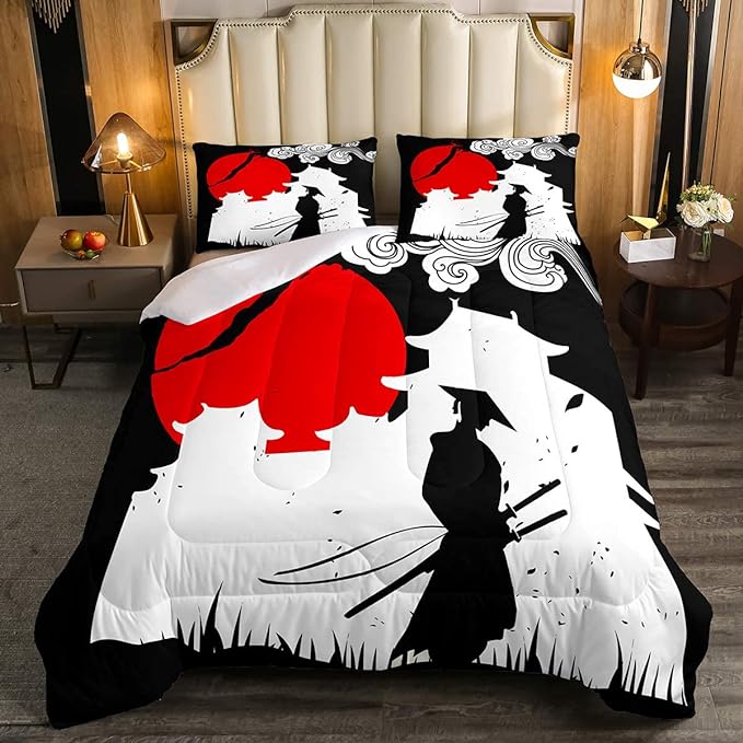 Erosebridal Samurai Comforter Set Twin Size, Sunset Print Down Comforter, Japan Quilted Duvet, Building Silhouette Breathable Quilt Set, Japanese Ukiyoe Bedding Set, Ultra Lightweight