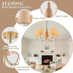 Boho Rattan Chandelier with Fabric Shade, Antique Gold Brass Farmhouse Chandeliers, 5-Lights Coastal Gold Pendant Light Fixtures for Dining Room Kitchen Island Living Room Hemp Rope