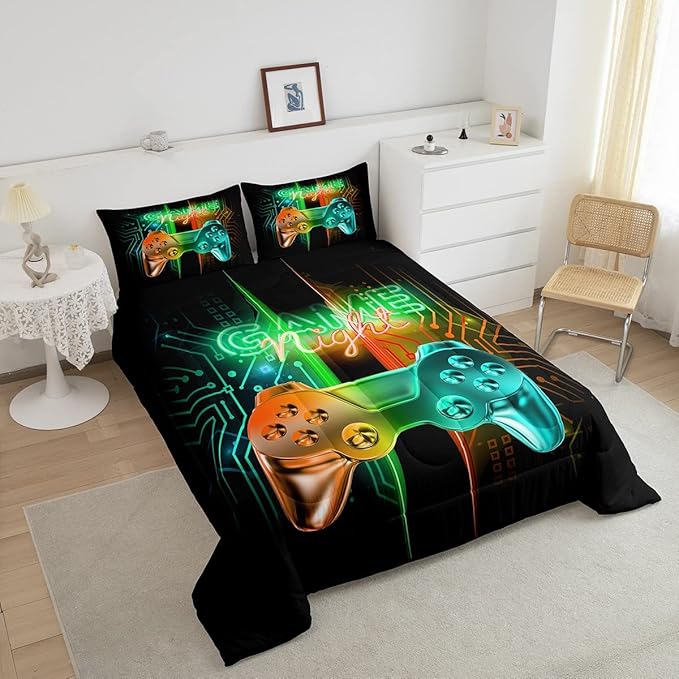 Gamer Comforter Kids Gaming Video Game Comforter Set for Boys Teens Noverlty Modern Gamepad Bedding Set Breathable Gamer Console Bedding Duvet Set Bright Orange Green Room Decor Full Size