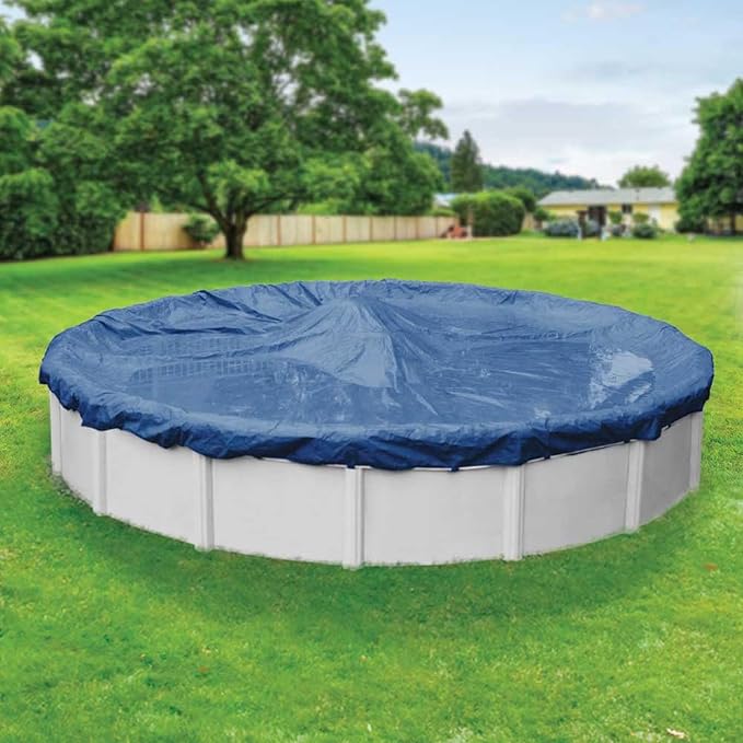 Robelle 28 ft Professional Blue Winter Pool Cover for Above Ground Pools, 4 ft Overlap (32 ft Cover Size), Solid 12 x 12 Scrim, 3.7 oz/yd2, 15-Year Warranty, Style: 2728-4