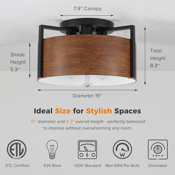 15'' Farmhouse Semi Flush Mount Ceiling Light, 3-Light Rustic Hallway Entryway Light Fixtures, Metal Wood Grain Finish Close to Ceiling Lights for Kitchen Dining Room Bedroom Living Room Foyer