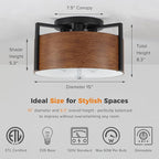 15'' Farmhouse Semi Flush Mount Ceiling Light, 3-Light Rustic Hallway Entryway Light Fixtures, Metal Wood Grain Finish Close to Ceiling Lights for Kitchen Dining Room Bedroom Living Room Foyer