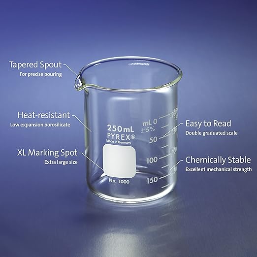 PYREX Griffin Borosilicate Glass Beaker- Low Form Graduated Measuring Beaker with Spout– Premium Scientific Glassware for Laboratories, Classrooms or Home Use - PYREX Chemistry Glassware, 250mL, 12/Pk