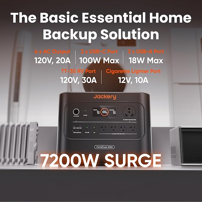 Jackery HomePower 3000 Portable Power Station with 4x 100W Prime Solar Panels, 3600W (Surge 7200W) Output, 3072Wh LFP Battery Solar Generator, Essential Backup for Home Use, RV, Emergencies