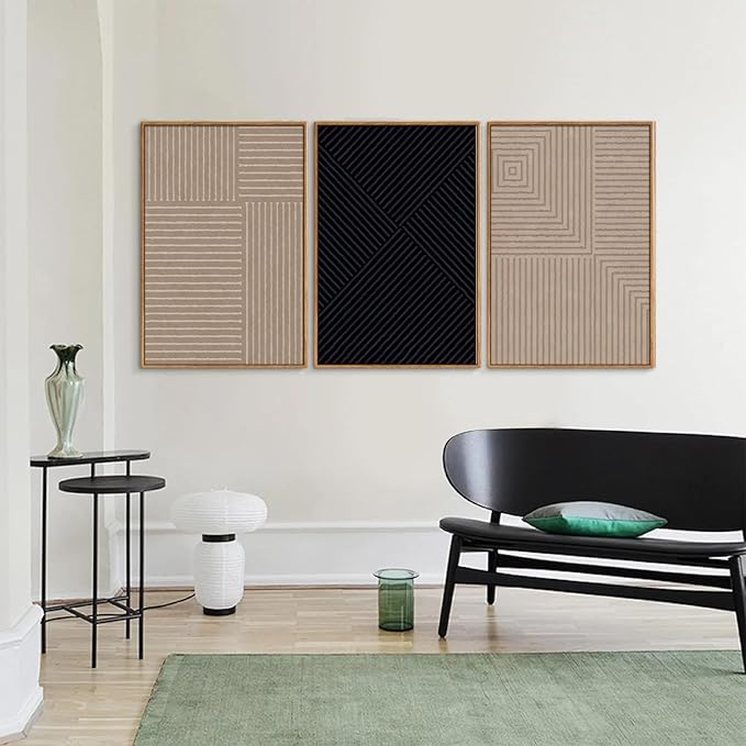 Tinonedraw Mid Century Modern Framed Canvas Wall Art Set of 3, Neutral Abstract Art Prints, Black and Brown Geometric Minimalist Wall Decor for Living Room Bedroom Office Dining Room 16"x24"x3