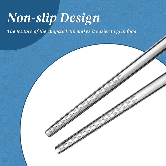Stainless Steel Chopsticks, Titanium Plated Metal Chopsticks, 9.8" Premium Japanese Korean Color Laser Engraved Cooking Chop Sticks, Dishwasher Safe, Reusable, Anti-slip, Anti-scald, 5 Pairs Gift Set