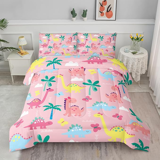 Axolotl Cute Dinosaur Comforter Set Twin,Colorful Dinosaur Girls Bedding Set,Dinosaurs Print Comforter Sets Botanical Palm Trees,Butterfly Bedding Set for Kids Girls Teens,1 Quilt 2 Pillowcases,Pink