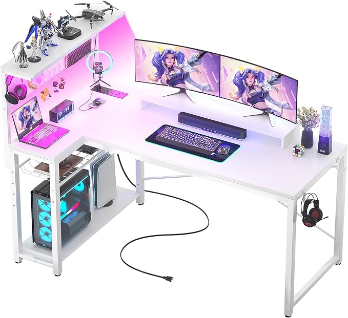 Homieasy Small Gaming Desk with Power Outlets Pegboard LED Light, 51 Inch L Shaped Computer Desk with Monitor Stand Storage Shelves, Reversible Corner Desk with Headset Hooks, White