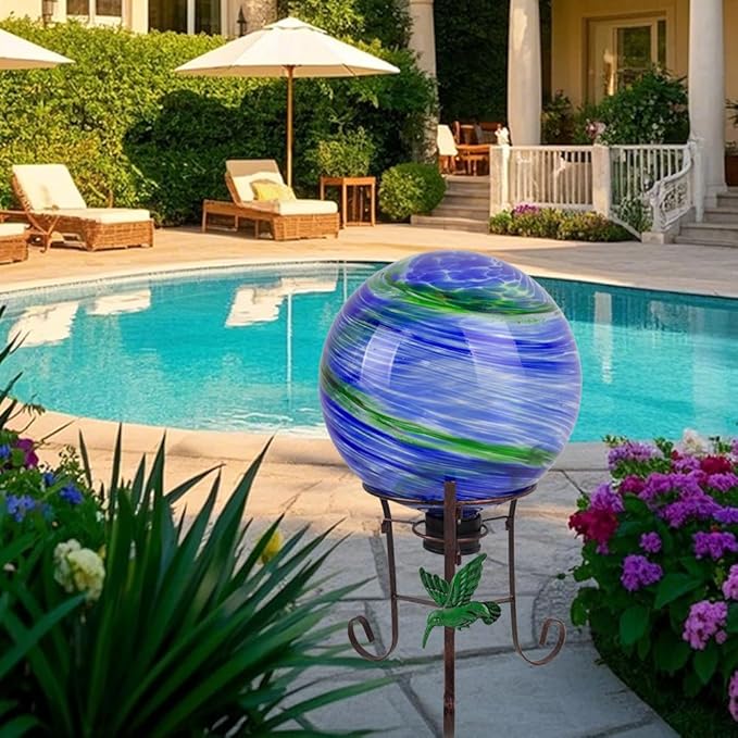 10" Diameter Gazing Ball with 8.5" Hummingbird Metal Stand Outdoor Garden Decor,Glass Globe Sphere Yard Art Decorations Outdoor,Glass Gazing Balls for Garden,Home,Lawn,Patio,Porch(Blue)