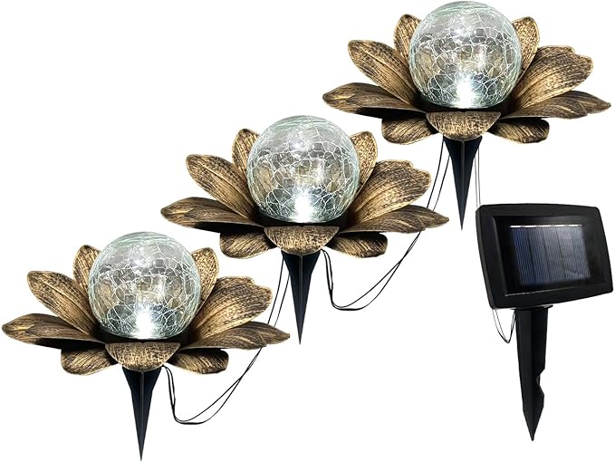 LEWIS&WAYNE Solar Garden Lights Outdoor, 3 Pcs Coppery Lotus Flower Pathway Lamps with Cool White Crackle Glass Globe Led Lights for Patio Pathway Yard Balcony Garden Decorations
