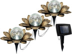 LEWIS&WAYNE Solar Garden Lights Outdoor, 3 Pcs Coppery Lotus Flower Pathway Lamps with Cool White Crackle Glass Globe Led Lights for Patio Pathway Yard Balcony Garden Decorations