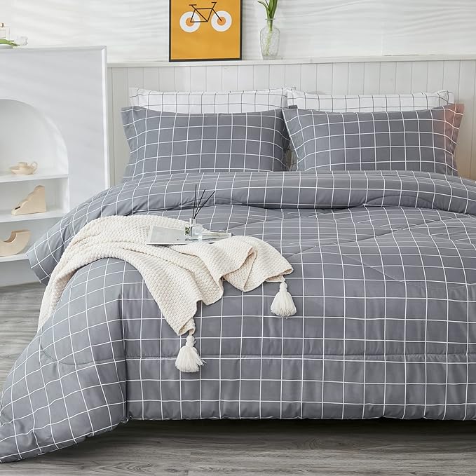 Andency Grey Grid Comforter Set Queen Size (90x90 inch), 3 Pieces (1 Grey Comforter and 2 Pillowcases), Summer Lightweight Microfiber Down Alternative Bedding Comforter Sets with White Lines