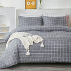 Andency Grey Grid Comforter Set Queen Size (90x90 inch), 3 Pieces (1 Grey Comforter and 2 Pillowcases), Summer Lightweight Microfiber Down Alternative Bedding Comforter Sets with White Lines